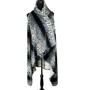 Leopard Fleece Vest Open Front Waterfall Plush Faux Fur Black Gray White Draped
